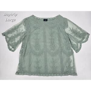 Daytrip Embroidered Lace Top‎ Sage Brush Boho Romantic Sheer Overlay Large